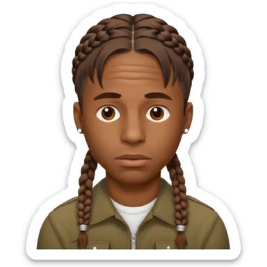 Create an iOS-style emoji of Travis Scott. Neutral facial expression, front-facing head only. Braided hair. Clean Apple emoji style, smooth shading, simple shapes, plain background. sticker