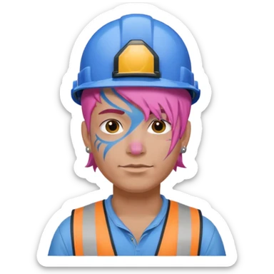 construction worker man pink hair, blue helmet and face tattoo sticker
