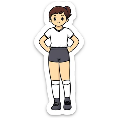 person standing with legs apart, wearing three-point shorts and black pantyhose sticker