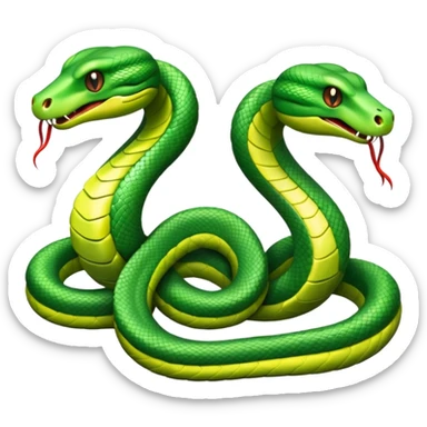 Two green snakes tangled at their tails, facing each other, hissing sticker