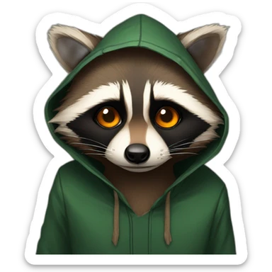 brown raccoon with orange eyes and a dark green hood that is sad sticker