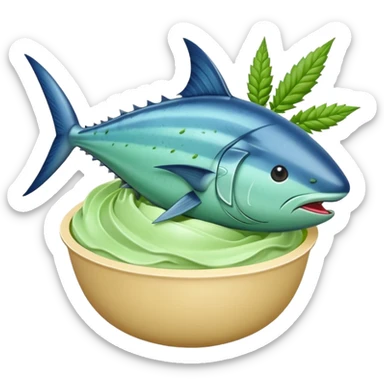 bluefin tuna in a gelato with cannabis leaf sticker