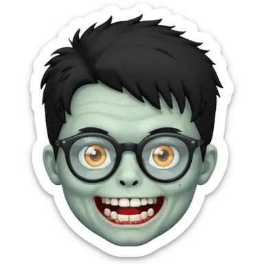 Zombie boy with fluffy hair wearing glasses while showing his white teeth sticker