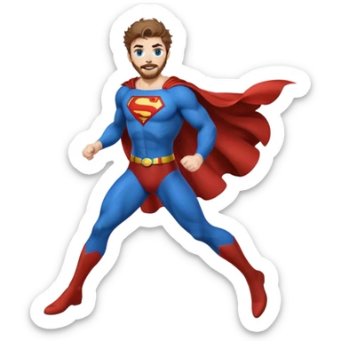 flying superman，full body, blue eyes, Irish redish messy hair, trimmed facial hair sticker