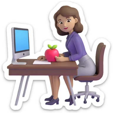 woman English teacher with brown hair, at a desk with an apple sticker