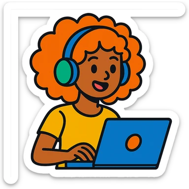 vibrant toon style curly hair girl with headphones and a laptop sticker