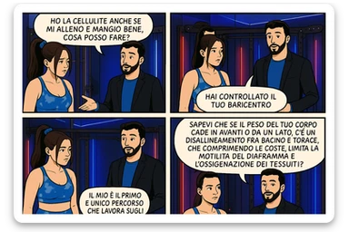 TRASFORMA QUESTO CAROSELLO IN UN FUMETTO CON QUESTE DUE PERSONE IDENTICHE CHE INTERLOQUISCONO TRA LORO:

LEI: Ho la cellulite anche se mi alleno e mangio bene, cosa posso fare?

LUI: Hai controllato il tuo baricentro corporeo?
Sapevi che se il peso del tuo corpo cade in avanti o da un lato, c’è un disallineamento fra bacino e torace, che comprimendo le coste, limita la motilità del diaframma e l’ossigenazione dei tessuti?
Il mio è il primo e unico percorso che lavora sugli inestetismi con un lavoro mirato sul baricentro corporeo. sticker