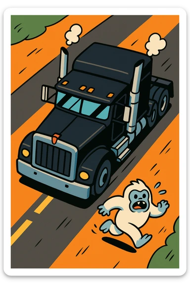 top-down view of a black 2026 Kenworth W680 flat top semi sleeper with stacks in pursuit of a tiny white abominable snowman running down a road, cartoon style, energetic, no text sticker
