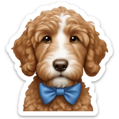 Red brown goldendoodle puppy white nose and chest blue bow in ear  sticker