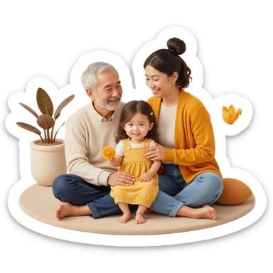 family photo featuring a multigenerational group with grandparents, parents, and child, lifelike details, warm inviting background, skeuomorphism style sticker