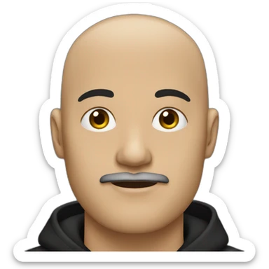 bald man with black (short) beard and no glasses in a black hoodie wearing a black cap sticker