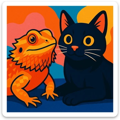 a bearded dragon and a black cat together, friendly, detailed, vibrant toon style sticker