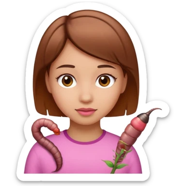 a girl light skin with brown eyes, brown short hair and a worm sticker