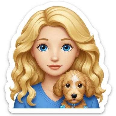 Long blonde hair, blue eyed woman with wavy blond goldendoodle sticker