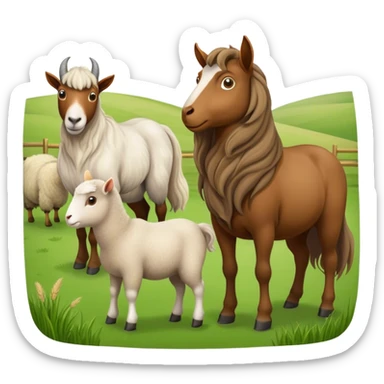 Icon for Domestic Hooved Animals: A gentle collage featuring a horse with a flowing mane, a brown goat with large, curious eyes, a calm sheep with soft wool. Background with a green pasture and a few hay bales. Transparent background. sticker