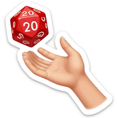 A hand tossing a red 20-sided die the number 20 visible sticker