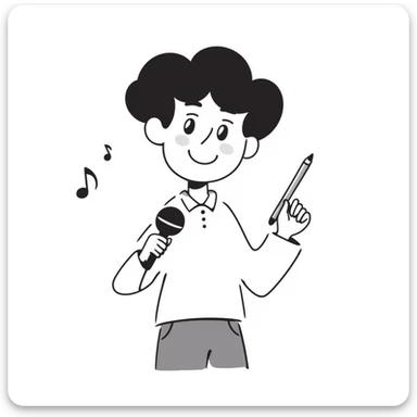 excited happy musician smiling, holding a microphone in one hand and a pencil in the other hand sticker