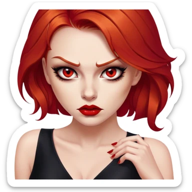a beautiful very angry woman with red hair and red eyes. The woman wear a black little cutted dress. She have red lipstick and she have a seductive look. Angry face sticker