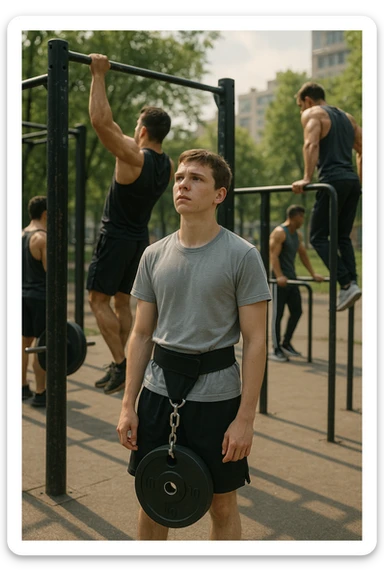 Giovane atleta neofita, fisico normale e non ancora sviluppato, si allena per la prima volta in uno spazio urbano per streetlifting: sbarra per trazioni, parallele, e pesi appesi alla cintura. L’ambiente è un parco cittadino o un’area outdoor sportiva, con luce naturale. L’atleta guarda la sbarra con determinazione e un po’ di insicurezza, ma con forte motivazione. Intorno, altri atleti più esperti. Stile realistico, atmosfera motivazionale, toni energici ma credibili, senso di inizio di un percorso sticker