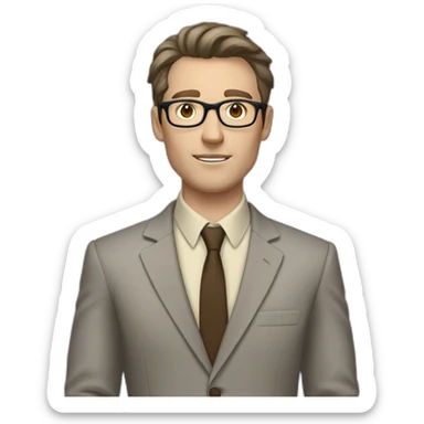 Full height Gesticulating Pale skinned fit man with dark brown hair in gray jacket, beige office shirt, brown tie, brown pants and vintage glasses. sticker