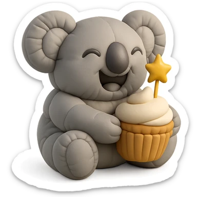 laughing koala holding cupcake with star candle, cushion style sticker