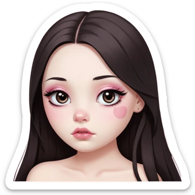 girl with white skin, dark brown long realistic straight hair with middle part prominently falling in front of her body over her shoulders, very big pouty extra shiny lips with absolutely no cupid's bow, big round eyes with very black shiny eyeballs and huge eyelashes, no eyeshadow, pink blush on cheeks, lighter button nose, extremely long oval-shaped face, wearing a pink off-shoulder top, looking directly at camera with hands down at sides sticker