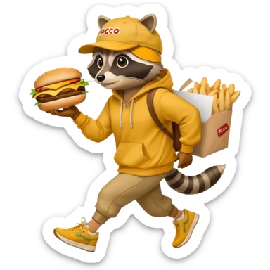 Crear ub mapache que sea solo dibujado con sudadera color mostaza y zapatillas + gorra que esté robando una hamburguesa con packaging que diga Rocco sticker