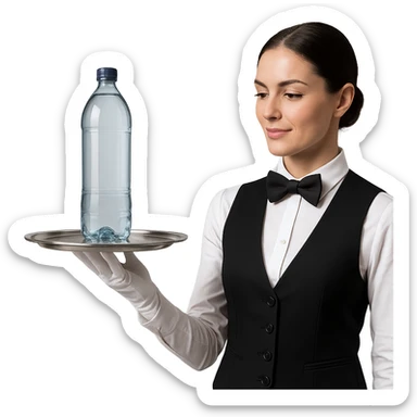 premium water bottle exposed on a premium plate by a high standard waitress sticker