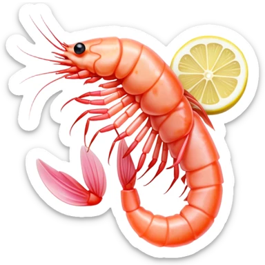 Cinematic glistening shrimp, pink and juicy, slightly curled with a light char, served with lemon wedges, ultra-detailed and fresh, warm glowing background. sticker