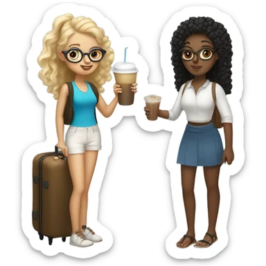 2 girls traveling to Greece, one with blonde curly hair with an iced coffee in her hand, the other with waist black hair in a pony tail with glasses and a suitcase sticker