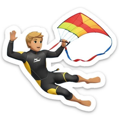 A kite surfer soaring above the waves, holding onto a kite with the wind in full force. The background showcases the ocean and sky, emphasizing the freedom, thrill, and energy of the sport. The motion of the kite and board is dynamic, capturing the excitement of kiting. sticker