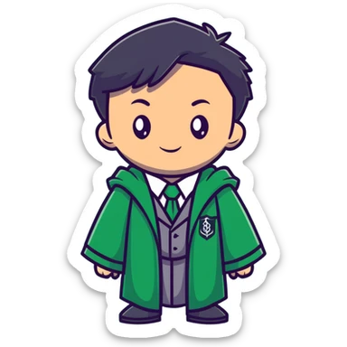 Young wizard in Slytherin uniform with green tie and robe sticker