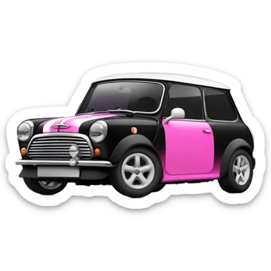 Black mini cooper, white roof, black doors, with hot pink hood stripes sticker