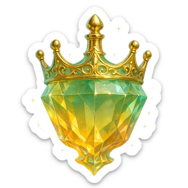 luxurious crystal elixir bottle shaped like a crown, pastel gradient of yellow, orange, and green, lots of shine, facets, ornaments, golden details, magical effects, very small golden neck, transparent background, beautiful merging base, clearly floating in air, no base or shadow, premium class, interesting design, fits a collection sticker