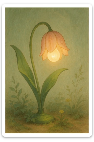 a lamp made out of a tulip flower, the bulb in the flower, natural colors, soft, fairy-like atmosphere,  sticker