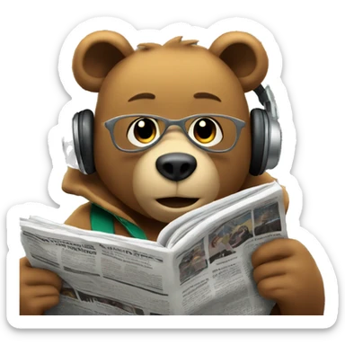 Bear wearing headphones, sitting on a subway train, reading a newspaper. sticker