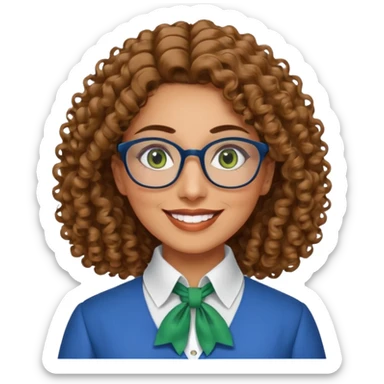 40 yr old Iranian woman, light brown very curly thick hair, shoulder length hair, green eyes, tan skin, big smile, big glasses, blue dress shirt with white cravat on neck sticker