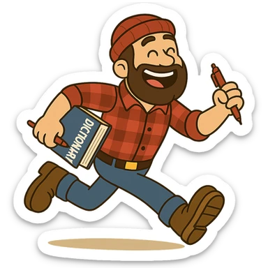 happy lumberjack running, holding a dictionary in one hand and a red pen in the other, dynamic pose, bright colors sticker