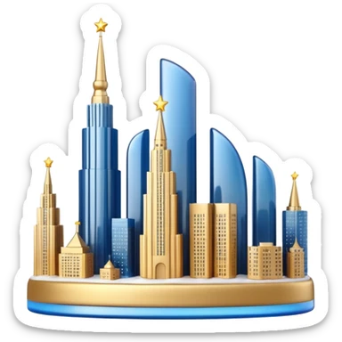 3D emoji of Moscow City business district skyline. A cluster of stylized skyscrapers with different shapes (gold, blue, silver). Decorated with tiny glowing Christmas lights. Soft 3D render, clay and glass textures, Apple aesthetic, isolated on a white background. sticker