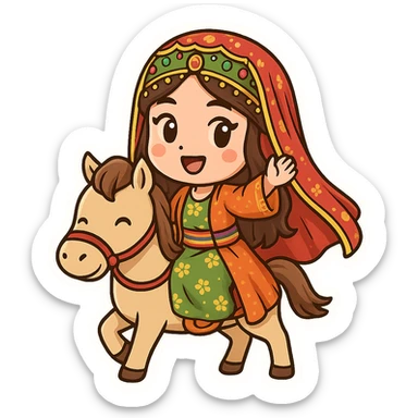 cartoon Kurdish bride wearing traditional female clothes, riding a horse, in a separate frame designed for bride, happy and colorful, no text, suitable for WhatsApp and Instagram sticker, transparent background sticker