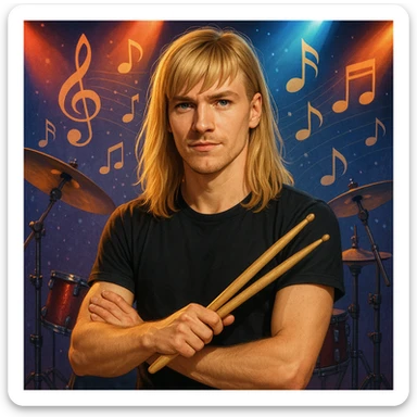 blonde male drummer, long top hair with bangs, holding drumsticks, confident look, music-themed background sticker