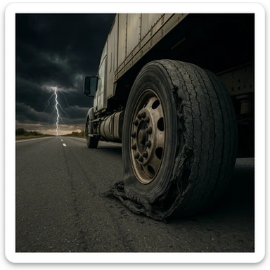 a semi truck tire, flat and damaged, on a highway with a stormy sky and lightning striking, realistic style sticker