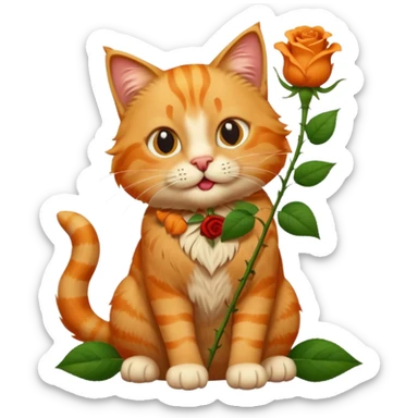 A fluffy, orange tabby cat fuul body, having a rose in it's mouth, and looked like he came from outside. sticker