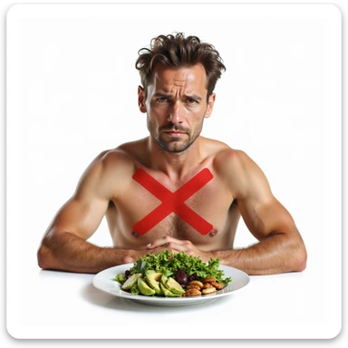 realistic man with dry skin and dull hair sitting in front of a plate with only salad and a large red X over healthy fatty foods like avocado, nuts, olive oil, sad expression, Italian caption: 'Senza grassi buoni: salute e aspetto a rischio', isolated on white background sticker