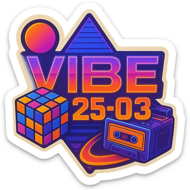Add a Rubik's cube and a cassette player to this 80's retro VIBE25-03 logo, keeping the neon synthwave style and vibrant colors, with no background. Maintain the vibrant neon synthwave aesthetic and retro vibe. sticker