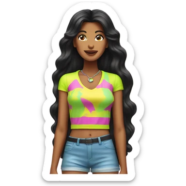 Tanned woman with long black hair wearing 1980s style neon outfit and hair sticker