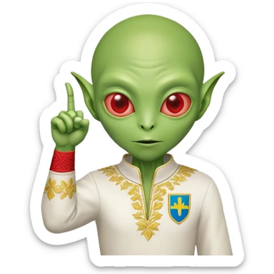 Green alien in Shirt 👚 vyshyvanka, white with red embodiary on sleeved, with 🇺🇦 Ukraine flag in a hand and 💪 sticker