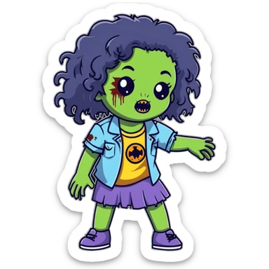 girl zombie with black long curly hair, emo style sticker