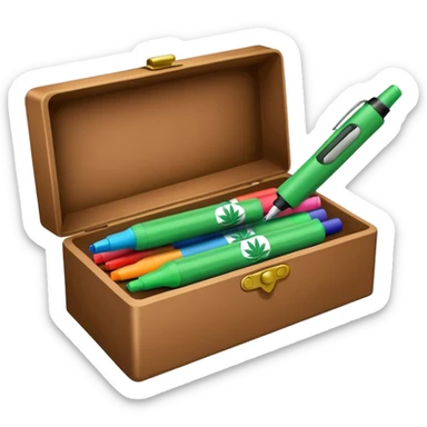 a box of colorful permanent markers with cannabis leaf sticker
