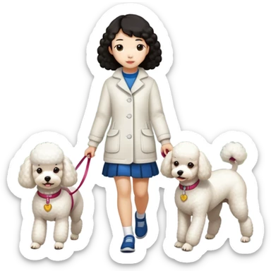 white poodle dog walking with asian girl sticker